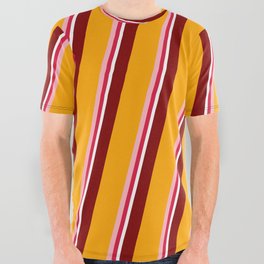 [ Thumbnail: Colorful Maroon, Orange, Light Pink, Crimson, and White Colored Lines/Stripes Pattern All Over Graphic Tee ]