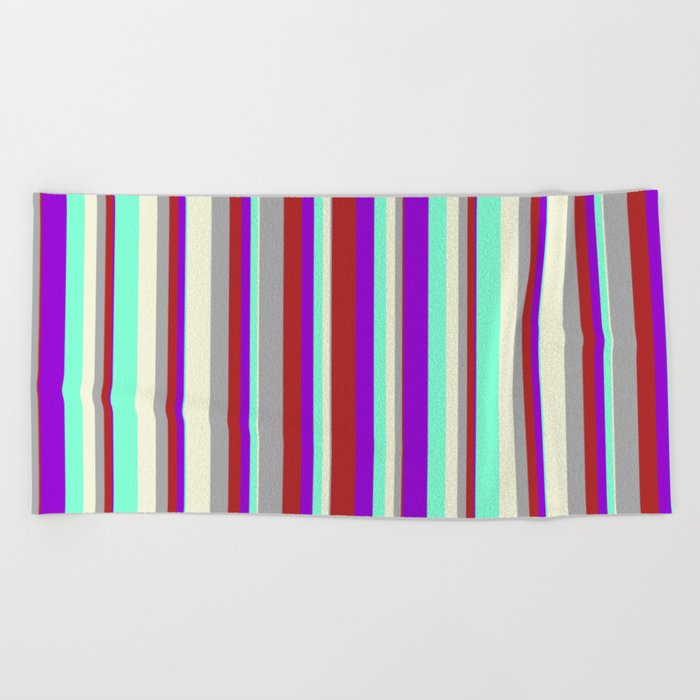 Dark Violet, Red, Dark Grey, Beige & Aquamarine Colored Striped Pattern Beach Towel
