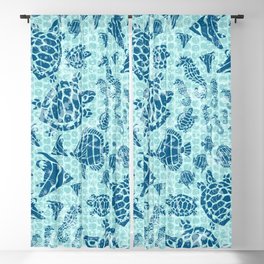 Sea Life Print with Fish Turtles and Seahorses in Ocean Blue Teal Blackout Curtain