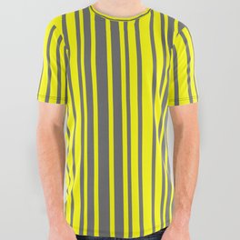 [ Thumbnail: Yellow and Dim Grey Colored Stripes/Lines Pattern All Over Graphic Tee ]