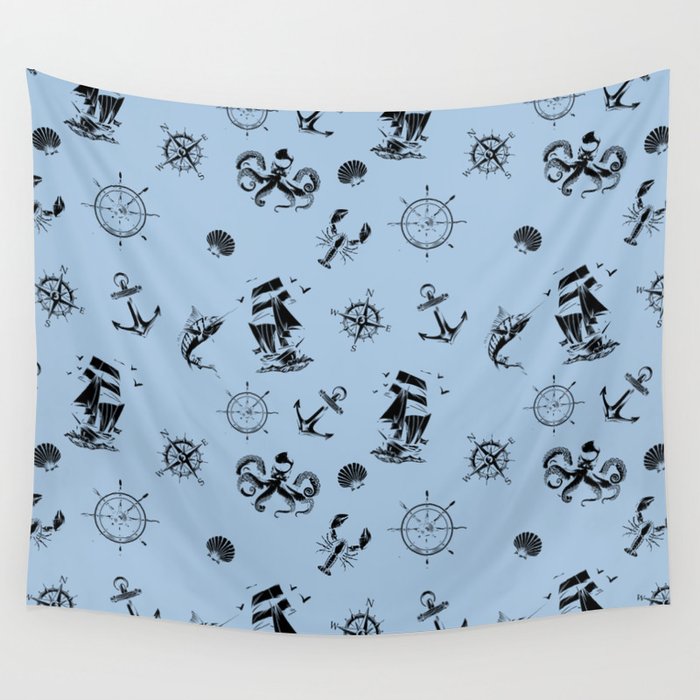 Pale Blue And Black Silhouettes Of Vintage Nautical Pattern Wall Tapestry