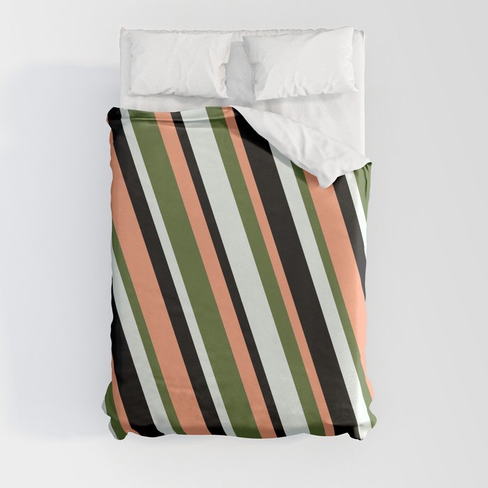 Light Salmon, Dark Olive Green, Mint Cream, and Black Colored Pattern of Stripes Duvet Cover
