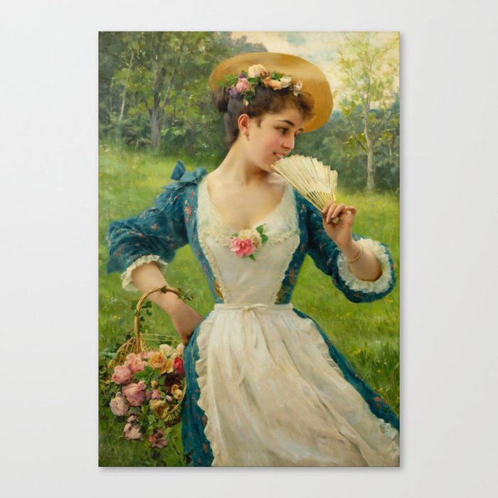 (Reserved)Young woman with a basket of roses Victorian era still life portrait painting by F. Andreotti for bedroom, wall, and home decor Canvas Print