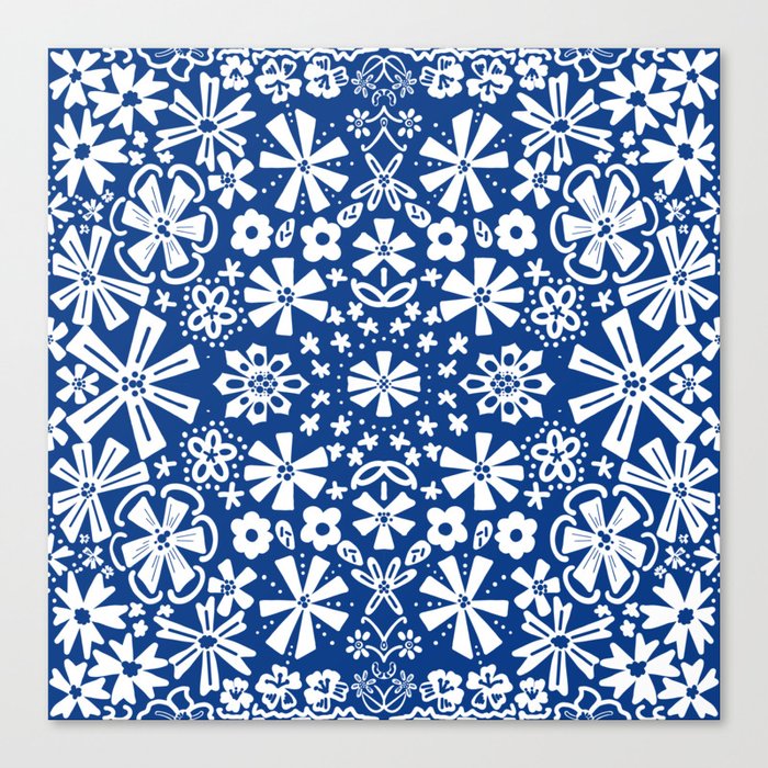 Navy Blue Folk Art Flowers Retro Modern Pattern Canvas Print