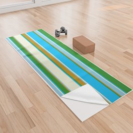 [ Thumbnail: Forest Green, Deep Sky Blue, Beige, Sky Blue, and Dark Goldenrod Colored Striped/Lined Pattern Yoga Towel ]