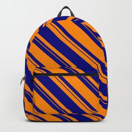 [ Thumbnail: Dark Orange & Blue Colored Lined/Striped Pattern Backpack ]