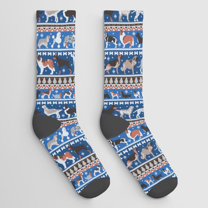 Fluffy and bright fair isle knitting doggie friends // classic and electric blue background brown orange white and grey dog breeds  Socks