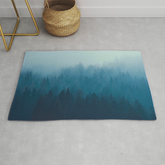 Misty Turquoise Blue Pine Forest Foggy Ombre Monochrome Trees Landscape Rug