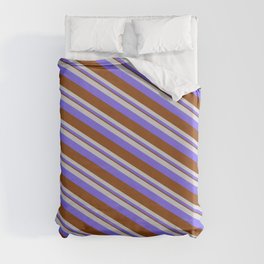 [ Thumbnail: Light Gray, Medium Slate Blue & Brown Colored Pattern of Stripes Duvet Cover ]