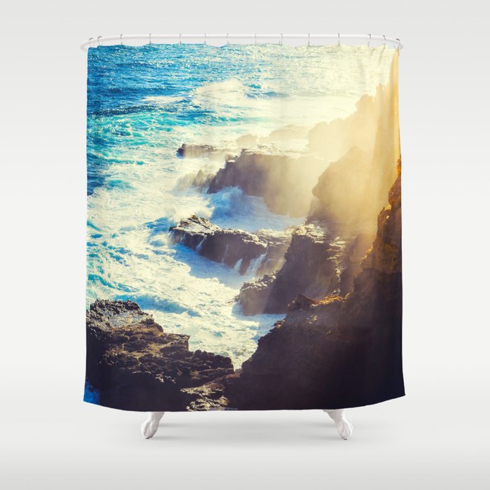 Coastal Ocean Waters Beach Waves Blue Water Yellow Sunlight Shower Curtain