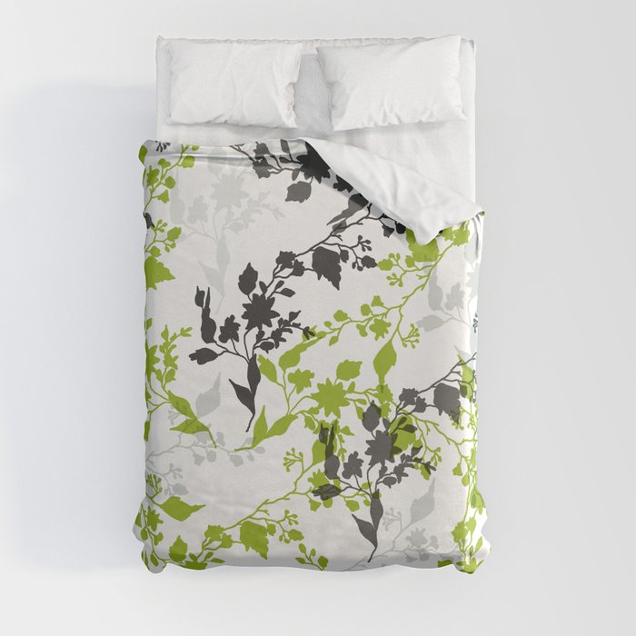 Branches and Leaves in Green Gray and Black on White Duvet Cover