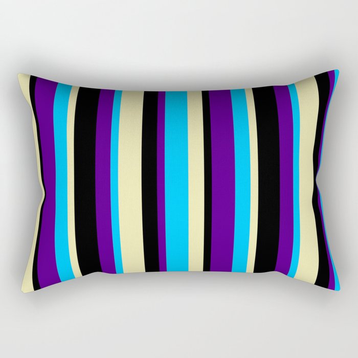 Deep Sky Blue, Indigo, Black, and Pale Goldenrod Colored Pattern of Stripes Rectangular Pillow