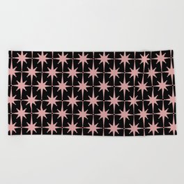 Atomic Age Retro 50s Starburst Pattern in Dusty Blush Pink and Black Beach Towel