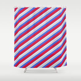 [ Thumbnail: Colorful Dark Gray, Lavender, Light Grey, Royal Blue, and Crimson Colored Stripes/Lines Pattern Shower Curtain ]