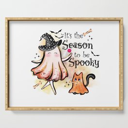 Cute ghost with witch hat spooky season Serving Tray