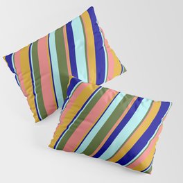[ Thumbnail: Colorful Dark Olive Green, Light Coral, Goldenrod, Dark Blue, and Turquoise Colored Lined Pattern Pillow Sham ]