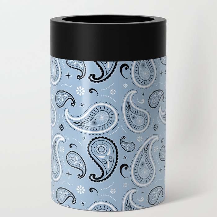 Black and White Paisley Pattern on Pale Blue Background Can Cooler