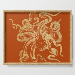 Gold octopus on burnt orange background Serving Tray