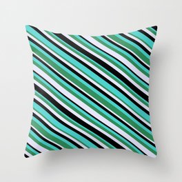 [ Thumbnail: Turquoise, Sea Green, Lavender & Black Colored Stripes Pattern Throw Pillow ]