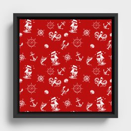 Red And White Silhouettes Of Vintage Nautical Pattern Framed Canvas