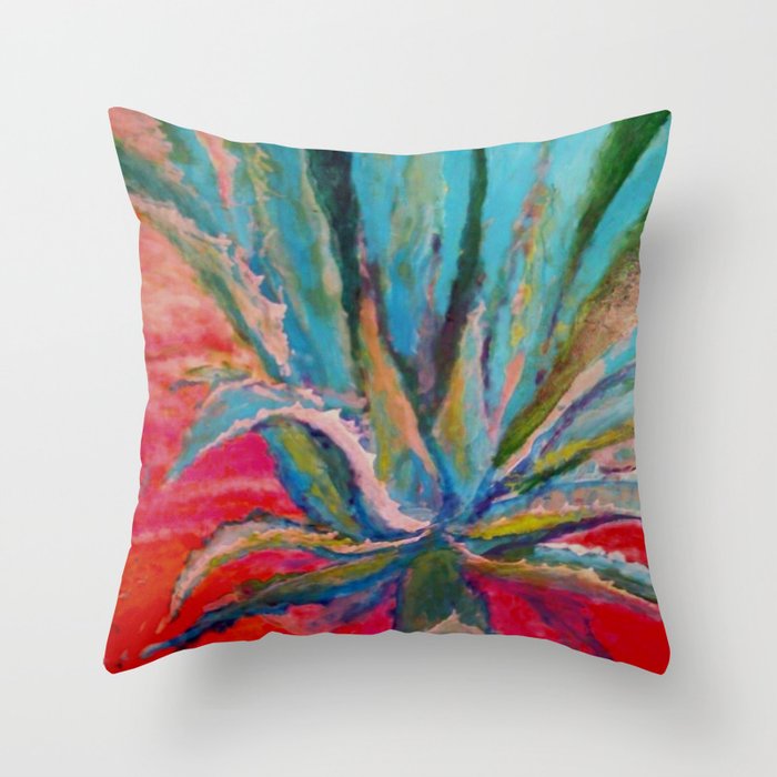 TROPICAL TURQUOISE BLUE AGAVE CACTI FUCHSIA  PATTERN Throw Pillow
