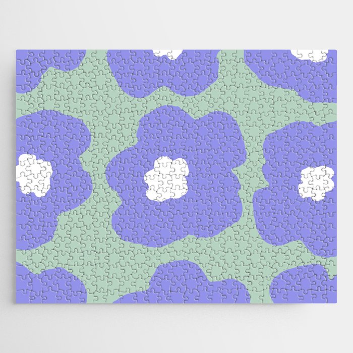 Large Pop-Art Retro Flowers in Very Peri on Pastel Aqua Turquoise Background Jigsaw Puzzle