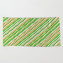 [ Thumbnail: Light Grey, Brown, and Lime Green Colored Stripes Pattern Beach Towel ]