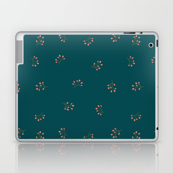 Branches With Red Berries Seamless Pattern on Teal Blue Background Laptop & iPad Skin
