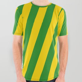 [ Thumbnail: Yellow & Forest Green Colored Stripes/Lines Pattern All Over Graphic Tee ]