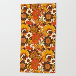 Retro 70s Flower Power, Floral, Orange Brown Yellow Psychedelic Pattern Beach Towel