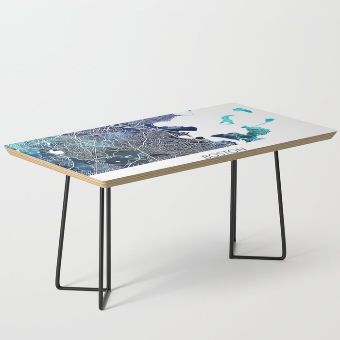 Boston Massachusetts Map Navy Blue Turquoise Watercolor Coffee Table