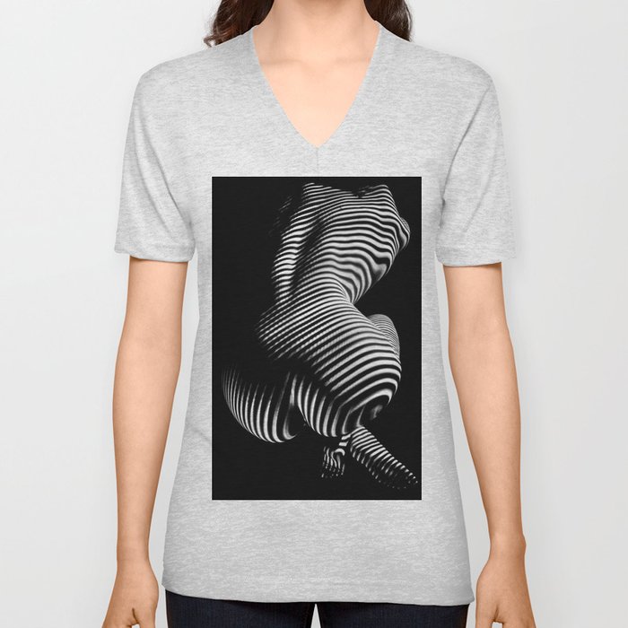 0727s-MM Black and White Striped Fine Art Nude Woman Back Bottom Butt Abstracted V Neck T Shirt