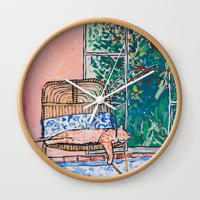 Napping Ginger Cat in Pink Jungle Garden Room Wall Clock