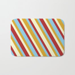[ Thumbnail: Red, Sky Blue, Goldenrod, and Light Yellow Colored Lined Pattern Bath Mat ]