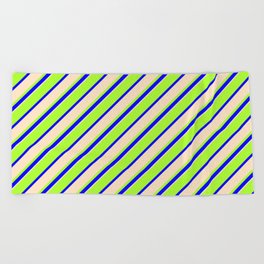 [ Thumbnail: Light Green, Blue & Bisque Colored Lines Pattern Beach Towel ]