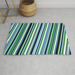 [ Thumbnail: Eye-catching Sky Blue, Forest Green, White, Blue & Black Colored Lined Pattern Rug ]