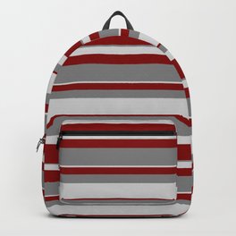 [ Thumbnail: Grey, Light Grey & Maroon Colored Stripes Pattern Backpack ]