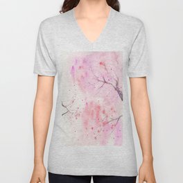 Cherry Blossom, Abstract,  Art Watercolor Painting  by Suisai Genki  V Neck T Shirt