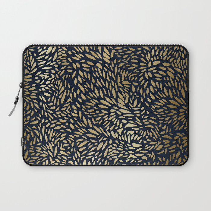 Leafy Flower Art Pattern in Navy and Gold Laptop Sleeve