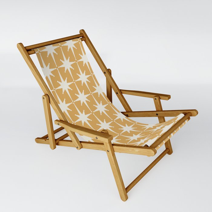 Midcentury Modern Atomic Starburst Pattern Muted Mustard Gold and Cream Sling Chair
