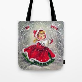 Vintage Christmas Girl Winter Forest Tote Bag