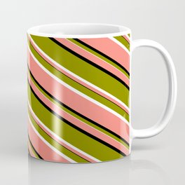 [ Thumbnail: Salmon, Black, Green, and White Colored Lines Pattern Coffee Mug ]