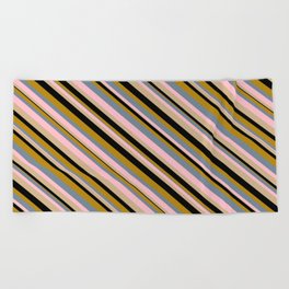 [ Thumbnail: Vibrant Light Slate Gray, Pink, Tan, Black, and Dark Goldenrod Colored Lined Pattern Beach Towel ]