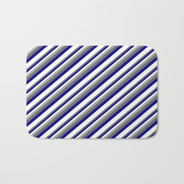 [ Thumbnail: Dark Gray, Dim Gray, Blue & White Colored Striped Pattern Bath Mat ]