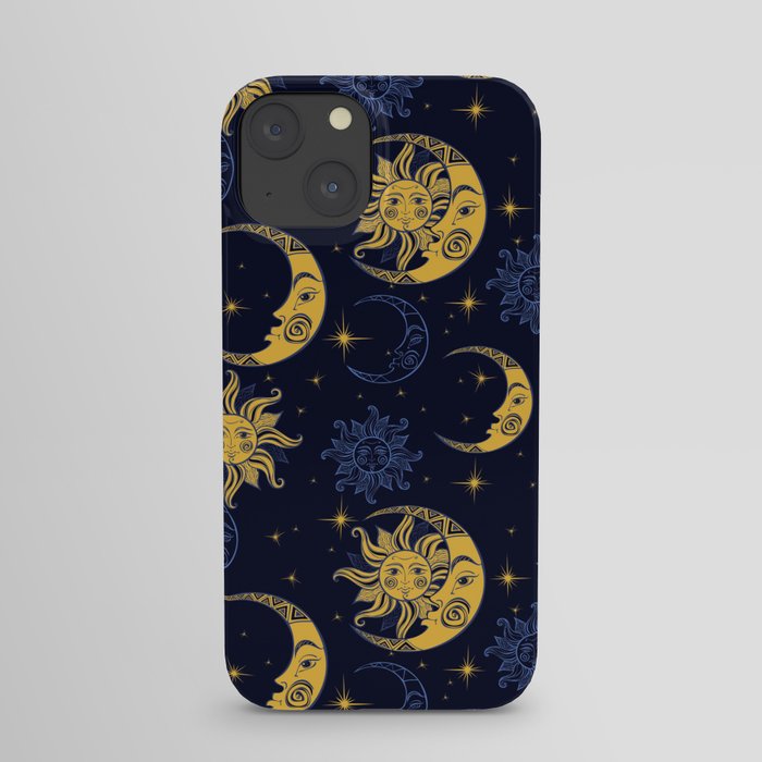 Sun and moon pattern gold and navy iPhone Case
