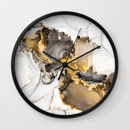 Luxury abstract fluid art painting in alcohol ink technique, mixture of black, gray and gold paints. Imitation of marble stone cut, glowing golden veins. Tender and dreamy design.  Wall Clock
