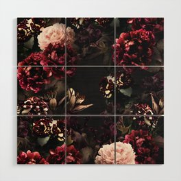 Vintage bouquets of garden flowers. Roses, dark red and pink peony.  Wood Wall Art
