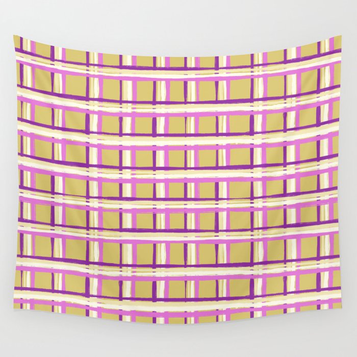 Purple and Yellow Bright Plaid Repeat Pattern Wall Tapestry
