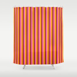 [ Thumbnail: Hot Pink, Brown & Orange Colored Lines Pattern Shower Curtain ]