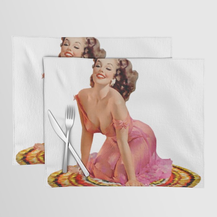 Brunette Pin Up With Pink Dress on Colorful Rug Placemat